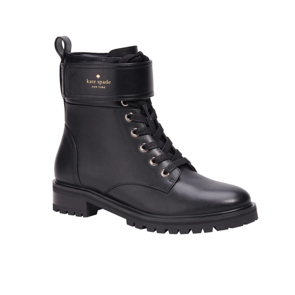 NEW Kate Spade New York Joplin Leather Lace Up Combat Lug Sole Boots Black Sze 9